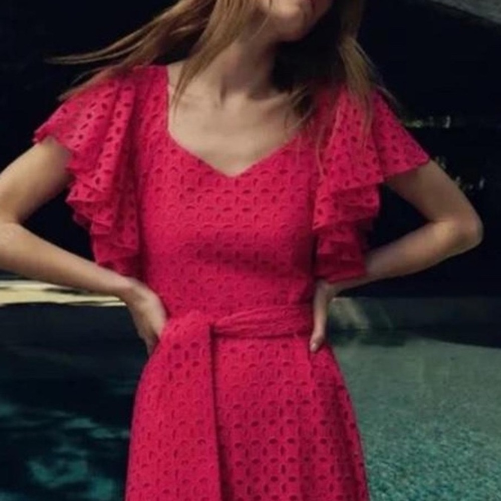 Zara Eyelet, Hot pink, deep V in back, tie waist, midi dress